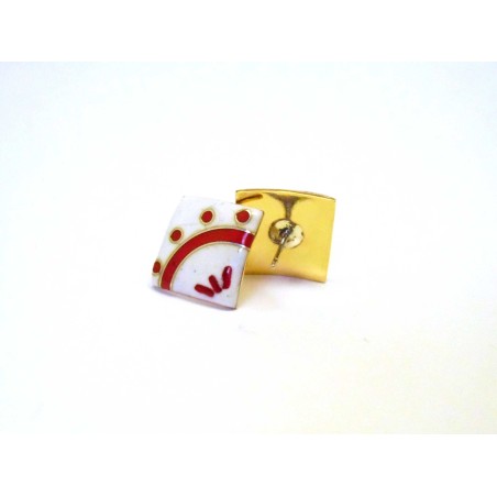 Square white and red enameled stud earrings